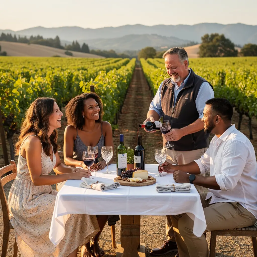 Бутылки местного вина на деревянном столе с закусками.