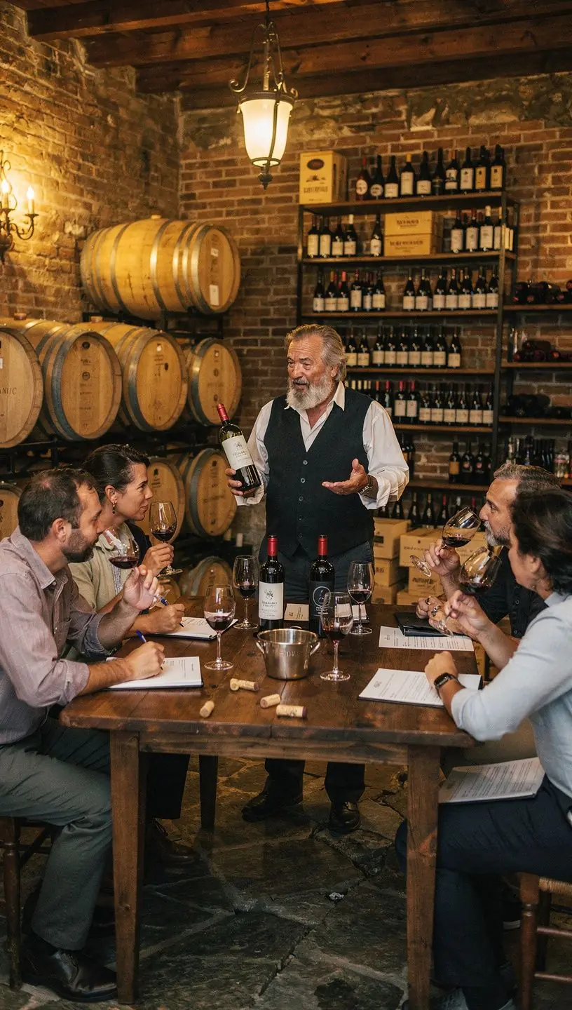 Вид на виноградники с солнечным закатом на фоне гор.